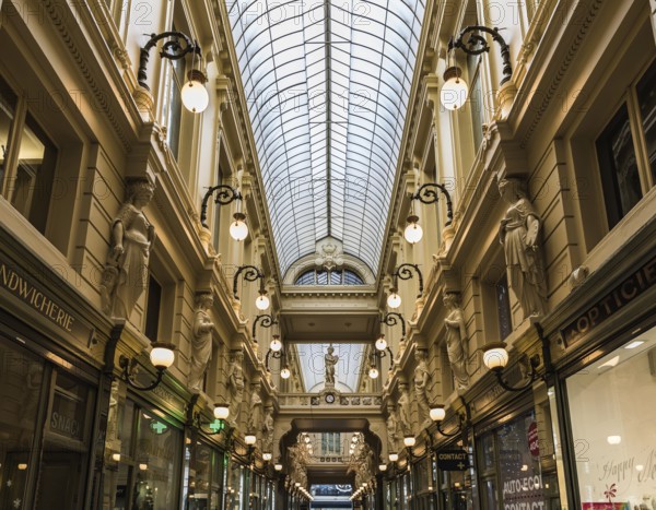 Brussels, Belgium, 12 18 2018: The decorated art and shopping mall called Passage du Nord in eclectic style in old town, Europe