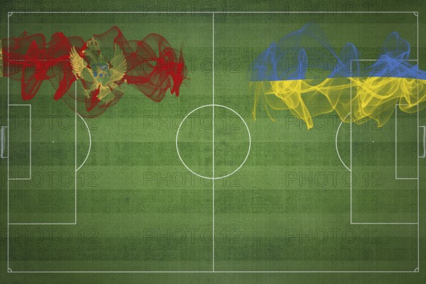 Montenegro vs Ukraine Soccer Match, national colors, national flags, soccer field, football game, Competition concept, Copy space