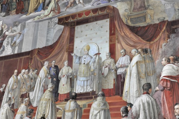 Vatican Museums, Vatican City, Vatican, Rome, Lazio, Italy, A pope holds a ceremony surrounded by priests in a richly decorated church, Vatican, Rome, Lazio, Italy, Europe