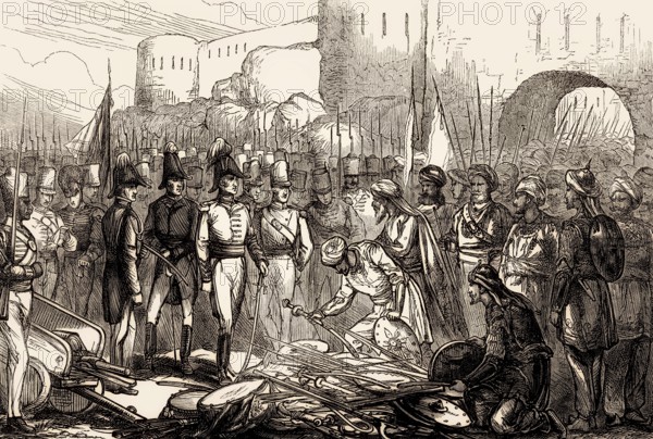 Surrender of Asirgarh Fort, Third Anglo-Maratha War, India, 1819, From British Battles on Land and Sea, by James Grant, Asia