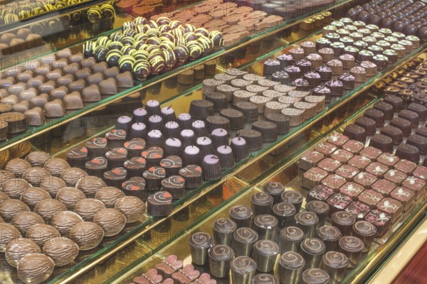Chocolate candy in a store window. Stand with chocolates. Bulgaria