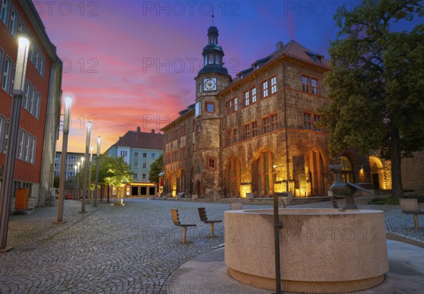 Stadt Nordhausen Rathaus sunset city hall with Roland figure in Thuringia Germany