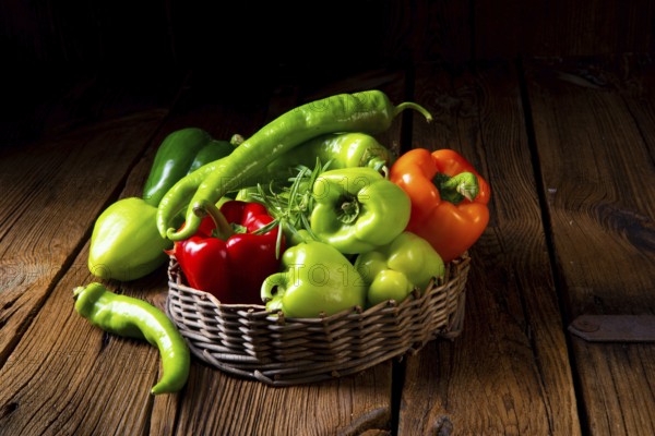Various harvested peppers and hot peppers in basket
