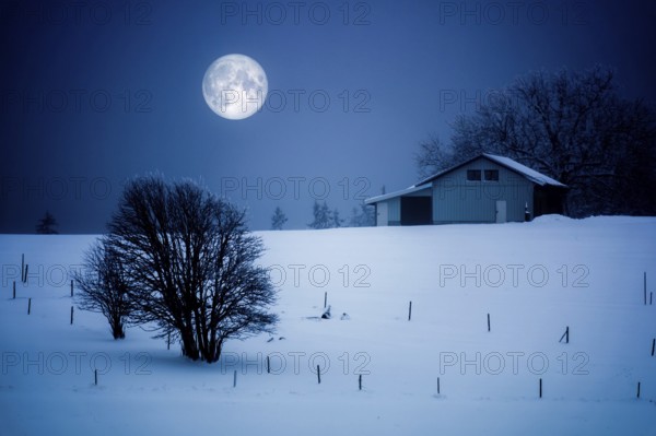 An image of a full moon winter scenery with a house