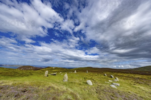 Druids Circle, stone circle in wide landscape with pastures in the mountains, Penmaenmawr, Dwygyfylchi, Caernarfonshire, Conwy County Borough, Wales, Great Britain