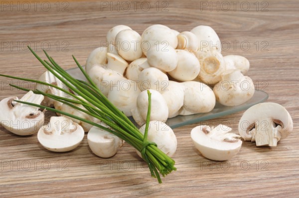 Fresh raw mushrooms with chives, Fresh raw mushrooms with chives