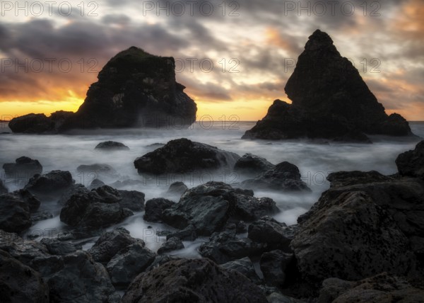 A dramatic sunset seascape at a northern California beach. USA