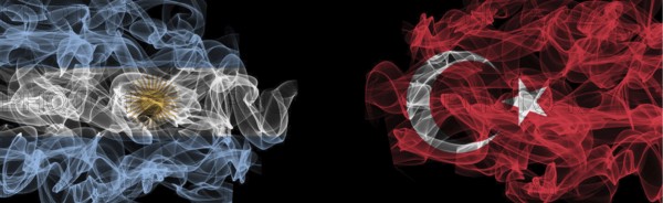 Flags of Argentina and Turkey on Black background, Argentina vs Turkey Smoke Flags