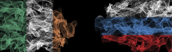 Flags of Ireland and Russia on black background, Ireland vs Russia smoke flags