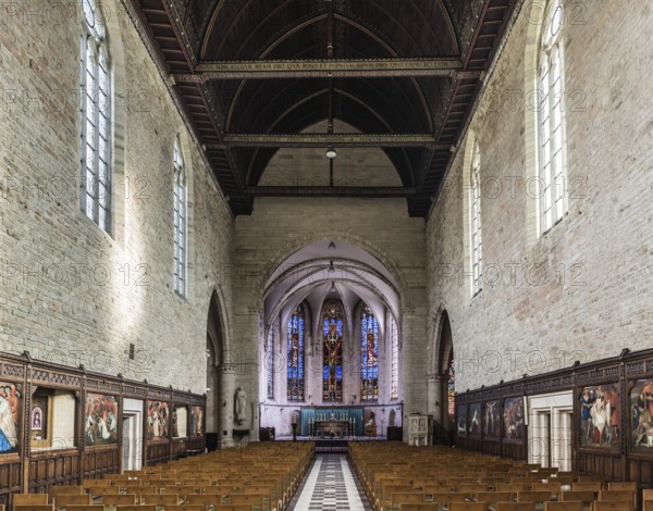 Belgium, 02 20 2019: Classic symmetrical interior design of the La Cambre Abbey, Europe