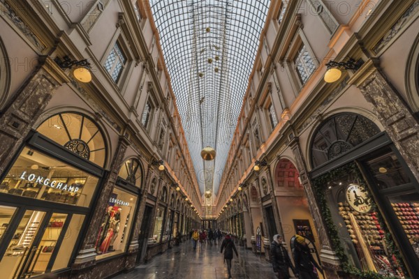 Brussels Old Town, Brussels Capital Region, Belgium, 12 06 2019 View over the Royal Galeries of Saint Hubertus in Art Nouveau style with Christmas decoration, Europe