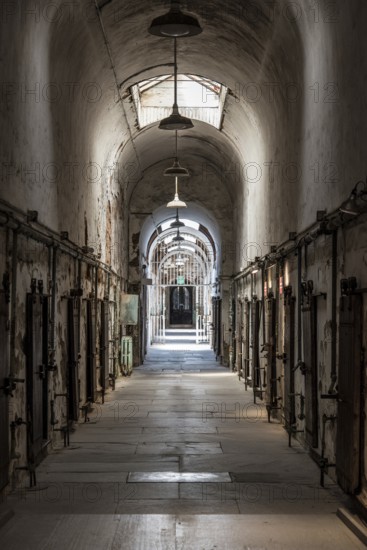 PHILADELPHIA, USA, AUGUST 15, 2022, Corridor with cells at the old abandoned Eastern State Penitantiary, USA, North America