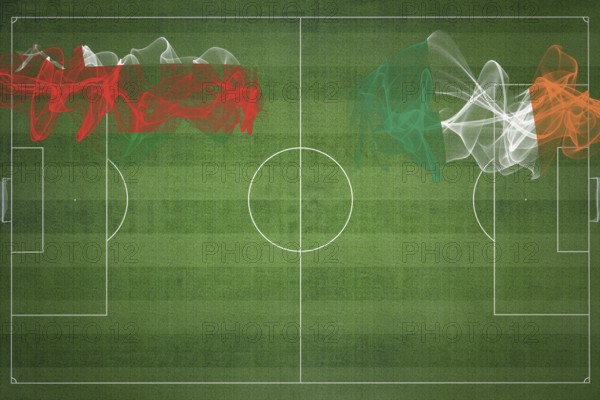 Oman vs Ireland Soccer Match, national colors, national flags, soccer field, football game, Competition concept, Copy space