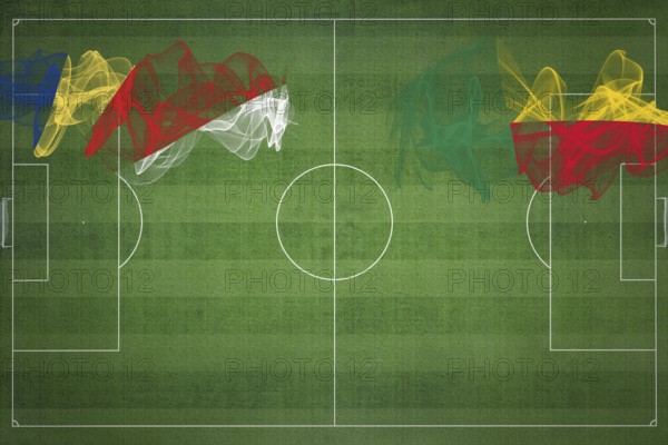 Seychelles vs Benin Soccer Match, national colors, national flags, soccer field, football game, Competition concept, Copy space