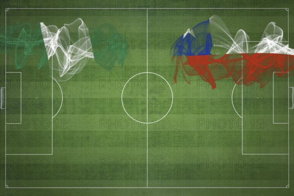 Nigeria vs Chile Soccer Match, national colors, national flags, soccer field, football game, Competition concept, Copy space
