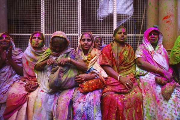 Widows celebrating Holi festival, Gopinath temple, Uttar Pradesh, India, Asia