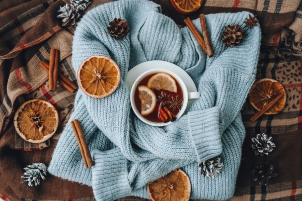 Blue sweater and cup of hot tea with lemon cinnamon sticks and anise star. Dry slices of citrus orange and cones. Hot winter cocktail. Christmas, Thanksgiving drinks. Autumn, grog, hot sangria, mulled wine. Festive holiday flat lay atmosphere