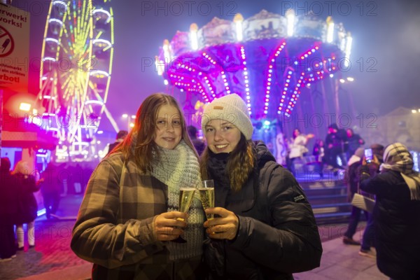 New Year's Eve at the Augustusmarkt in Dresden, on the Neustädter Markt at the Golden Horseman. Dresden, Saxony, Germany, Europe