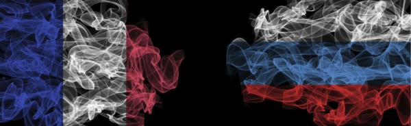 Flags of France and Russia on Black background, France vs Russia Smoke Flags
