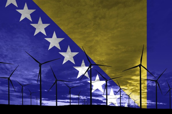 Bosnia and Herzegovina flag wind farm at sunset, sustainable development, renewable energy Wind Turbines