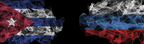 Flags of Cuba and Russia on Black background, Cuba vs Russia Smoke Flags