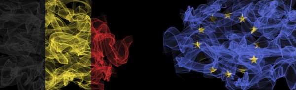 Flags of Belgium and the EU on a black background, Belgium vs European Union smoke flags