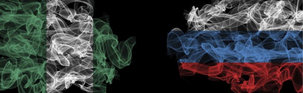 Flags of Nigeria and Russia on Black background, Nigeria vs Russia Smoke Flags