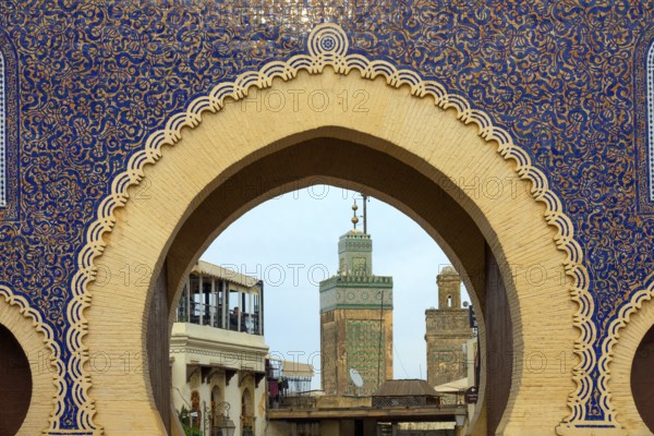 View through Bab Bou Jeloud gate (The Blue Gate) located in Fez, Morocco, Africa