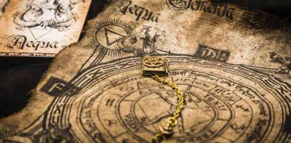 Ancient esoteric witchcraft background. Occultims and paganism old symbol, with mysterious runes and alphabet