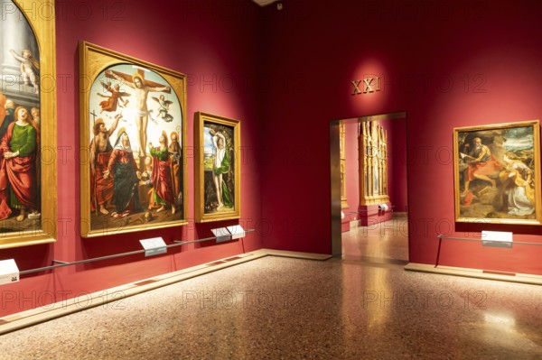 Milan, Italy, 23 September 2023: Brera antique painting museum interior. Vintage art exibition, elegant indoor, nobody, Europe