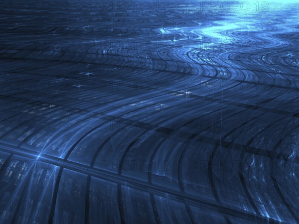 Wavy technology background with cells and light effects. Abstract computer-generated image. Tech style backdrop for web design, covers, posters