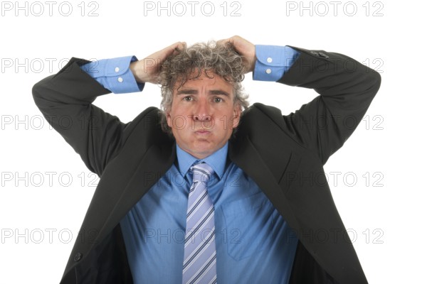 Portrait handsome adult man with curly hair and formal suit with lots of stress