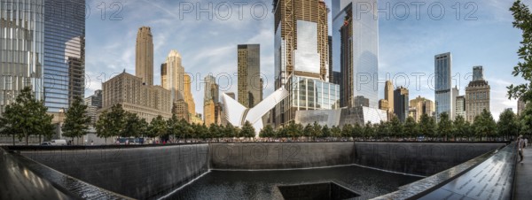 NEW YORK, USA, AUGUST 25, 2019: Iconic One World Trade Center memorial in downtown Manhattan, USA, North America