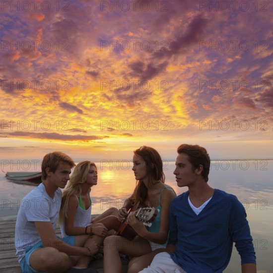 Friends young group at sunset beach having fun playing guitar in pier