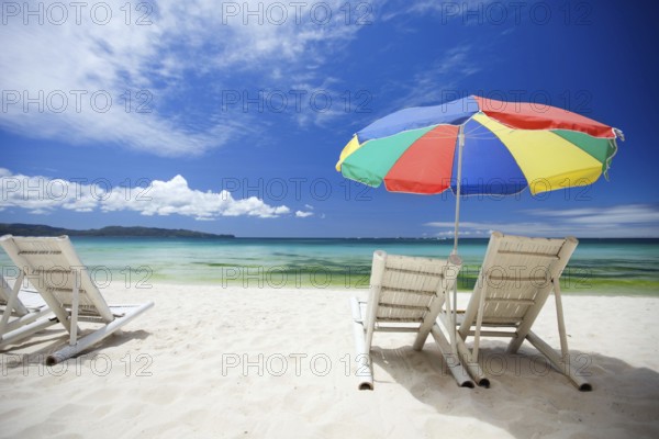 Beach with parasol and deckchair, Boracay, Philippines, Boracay, Philippines, Asia
