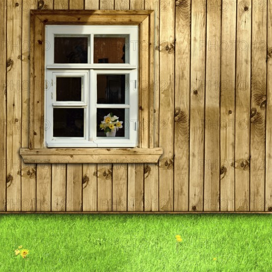 Exterior of wooden house with window and green grass in the yard