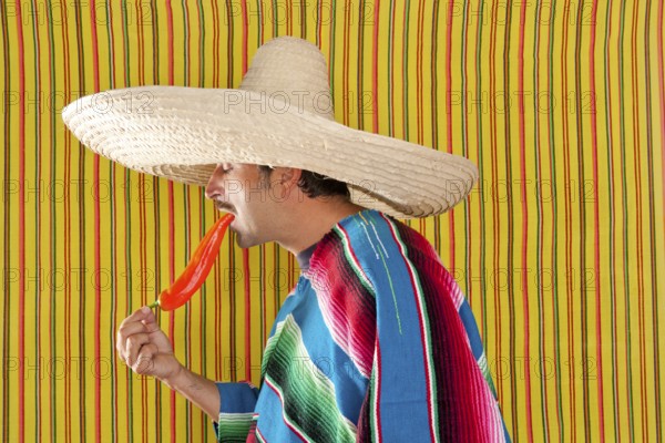 Mexican typical man eating chili hot pepper with poncho on yellow background