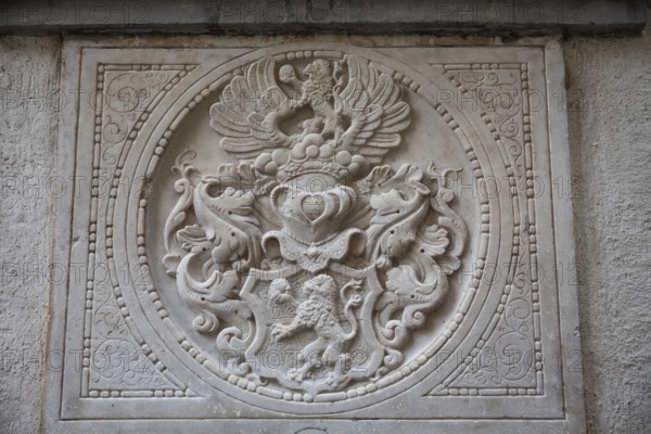 Coat of arms, stone relief on a gravestone, exterior facade of the cathedral, Graz, Styria, Austria, Europe