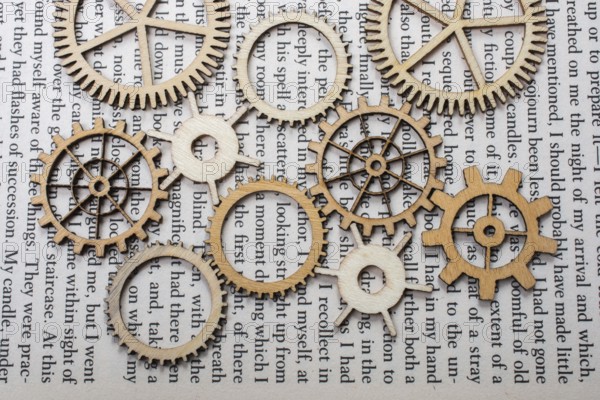 Wooden cogwheels on a page of a book. Industry concept information