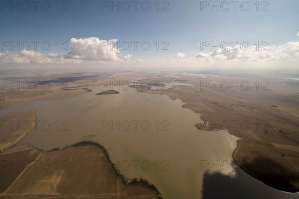 Dam, Water supply and power supply Johannesburg, Water, Cumulus clouds, Agricultural land, Vaal Dam, Free State, South Africa, Africa