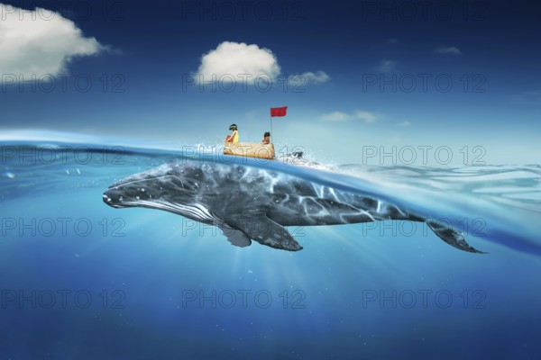 Sisters sea travel in the sea with cardboard ship and whale . Abstract dreams travel and success concept