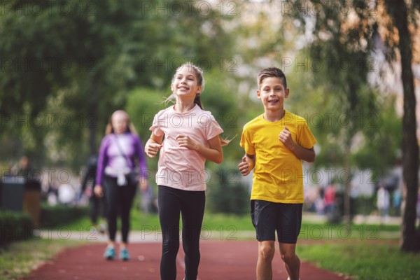 Sports and fitness in adolescence. Caucasian twins boy and girl run on the jogging track in the city park. Two children brother and sister for 10 years running on a rubberised outdoor treadmill