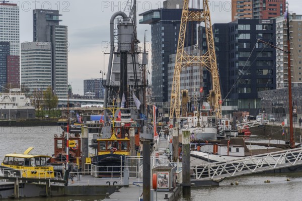 Various ships and cranes in a modern harbour and urban environment, rotterdam, the netherlands