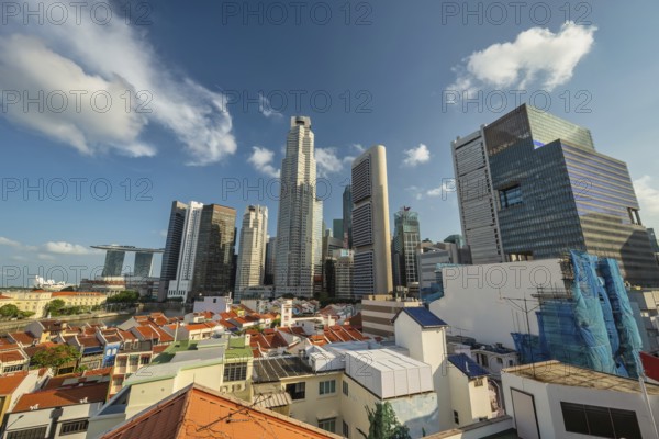 Singapore high angle view sunrise city skyline at Boat Quay and Clarke Quay waterfront business district