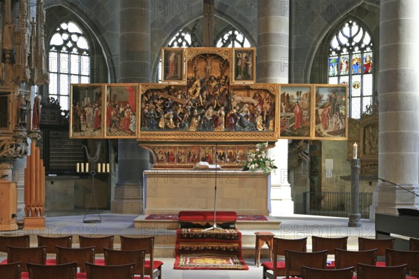 High altar of St Michael's Parish Church, Passion and Resurrection of Jesus, Am Markt, Schwäbisch Hall, Baden-Württemberg, Germany, Europe