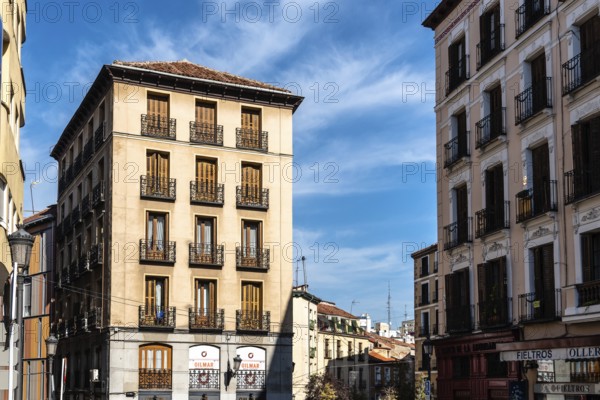 Madrid, Spain, November 1, 2020: Street view of the historic center of Madrid. Square of Comandante Las Morenas, Europe