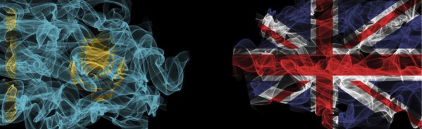 Flags of Kazakhstan and United Kingdom on Black background, Kazakhstan vs United Kingdom Smoke Flags