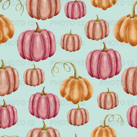 Orange and pink hand drawn watercolor pumpkins on turquoise, seamless repeating surface pattern design