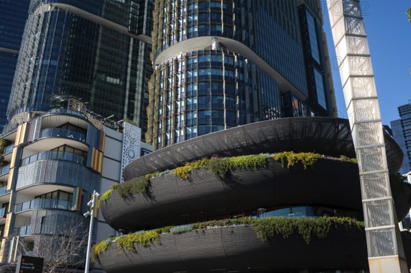 16 Sep 2018, Sydney, New South Wales, Australia, A view of modern residential buildings at Alexander Residence, office towers and restaurants along the pedestrianised Wulugul Walk in Barangaroo South. The buildings are located on the banks of Darling Harbour, Oceania