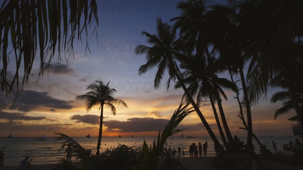Silhouetted people and palms near sea. Sunset at tropical White beach, Boracay island, Philippines, Asia